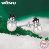 WOSTU 925 Sterling Silver Christmas Snowman Pearl Stud Earrings Xmas Red Hat Reindeer Ear Buckles New Year Jewelry Holiday Gift