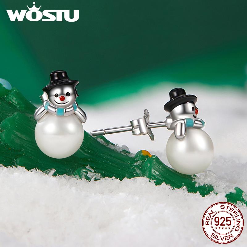 WOSTU 925 Sterling Silver Christmas Snowman Pearl Stud Earrings Xmas Red Hat Reindeer Ear Buckles New Year Jewelry Holiday Gift