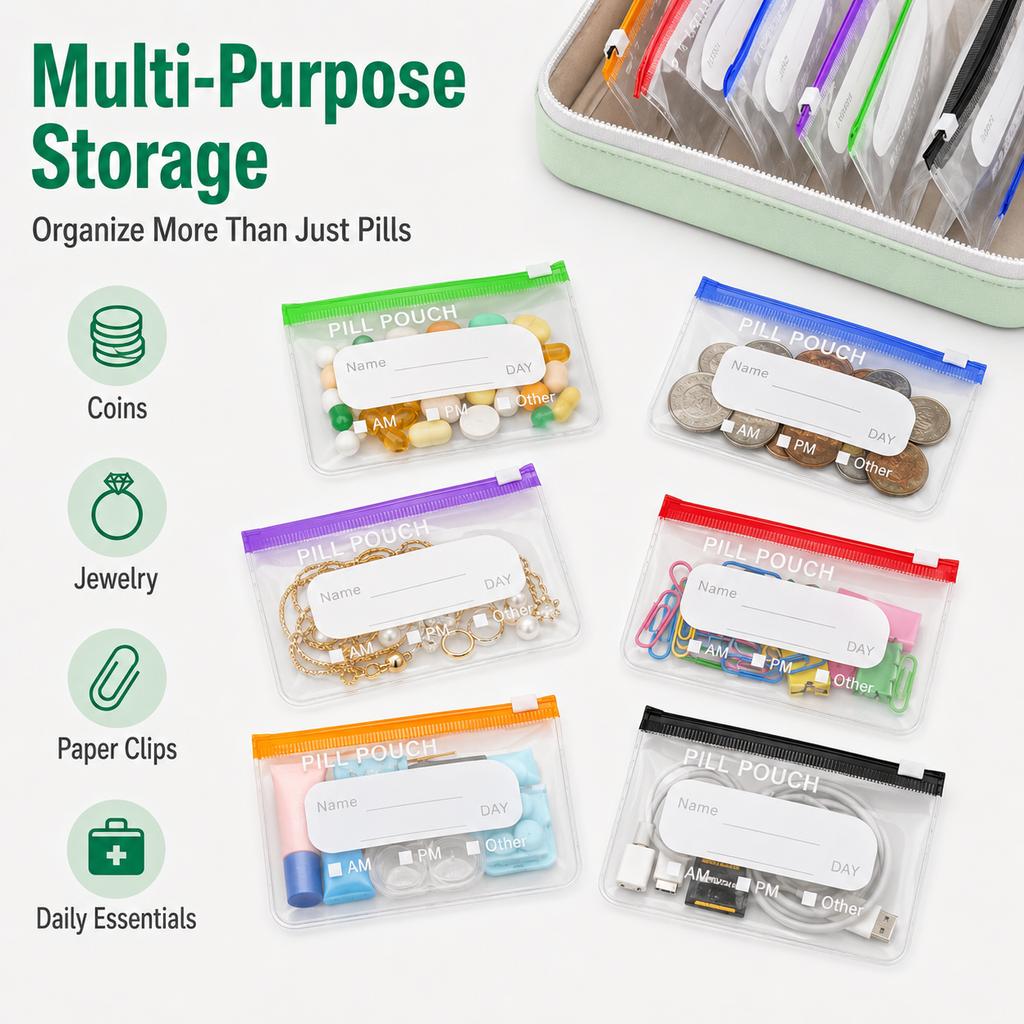 Travel Portable Pill Organizer with 14 Reusable Zipper Pouches, Food Grade Silicone Case for Medicine and Daily Essentials