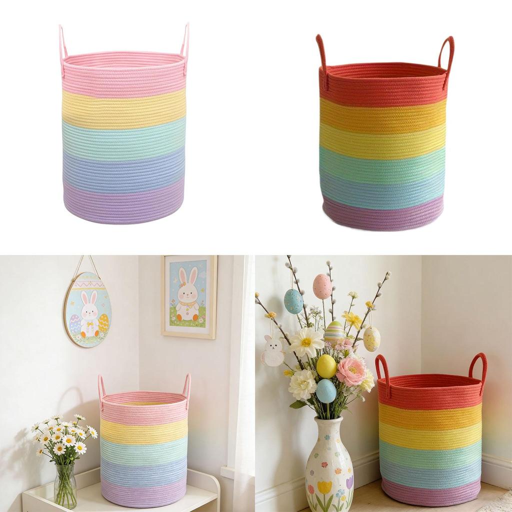 Cotton Rope Laundry Basket Freestanding Storage Bin Spacious Woven Hamper with Handles for Clothes and Toys