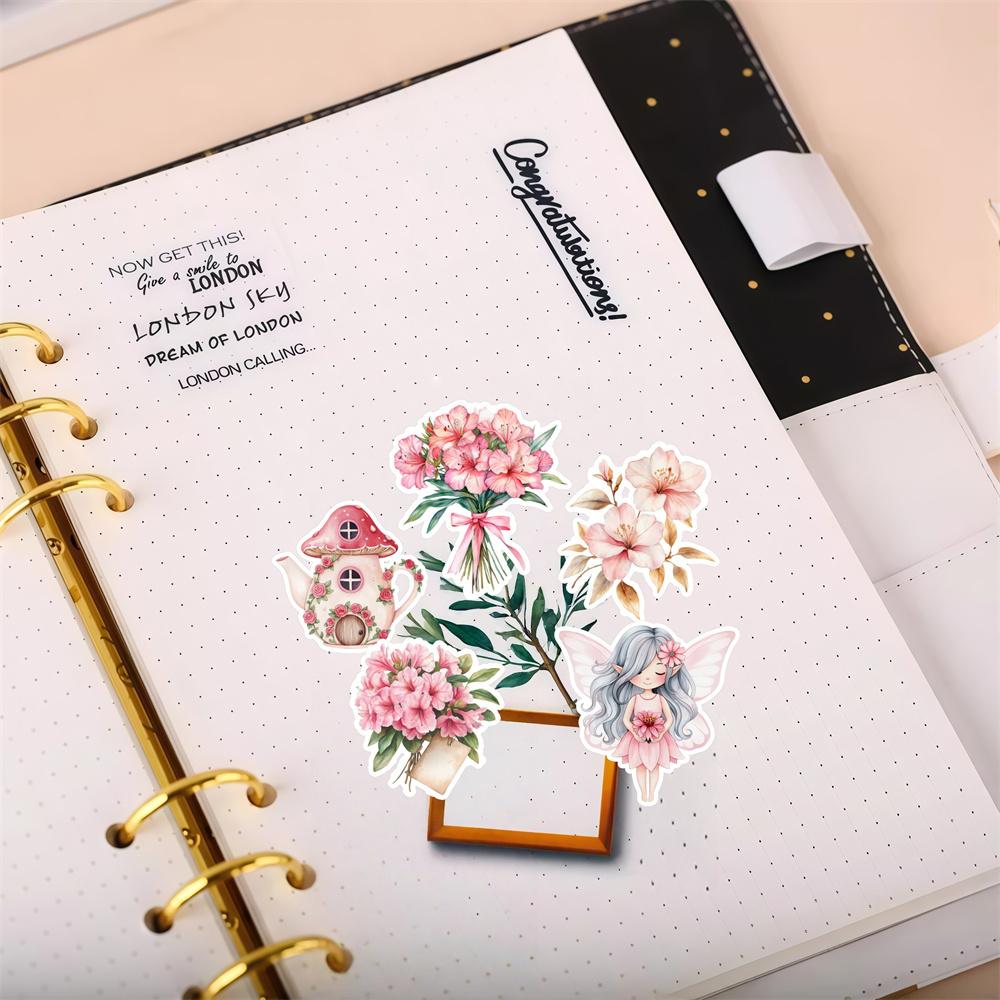 20pcs Watercolor pink azalea and butterfly bouquet Hand Account Stickers Stationery Laptop Fridge Suitcase Skateboard Phone