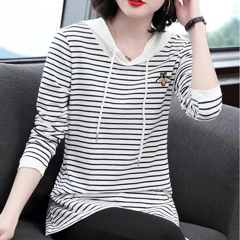 Женская весенне-осенняя тонкая рубашка с капюшоном большого размера, удобный полосатый топ 5XL