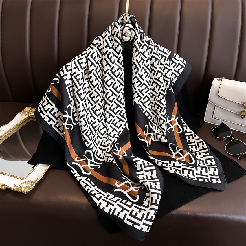 New Fashion Versatile Letter E Silk Scarf 91cm Twill Scarf Premium Printed Large Square Scarf Sunscreen Shawl Headscarf