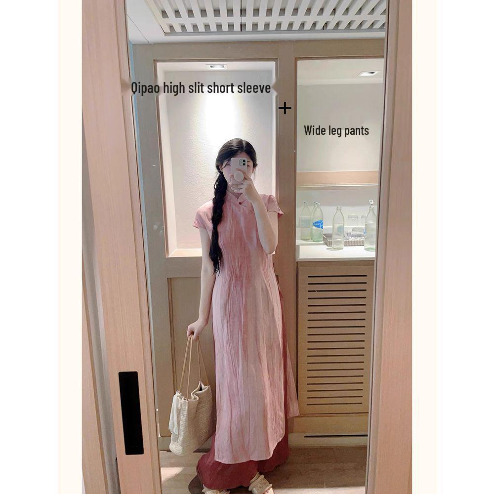 Women's Summer Pink Qipao Dress & Wide-Leg Pants Two-Piece Set