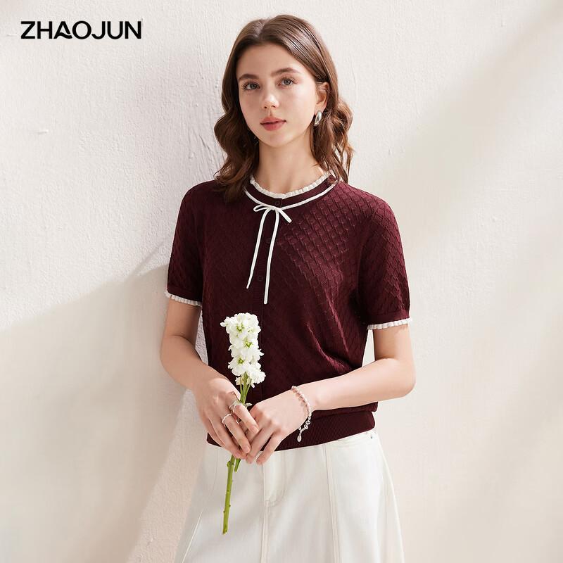 Zhaojun Silk Blend Lace Round Neck Short Sleeve Knit Top XL