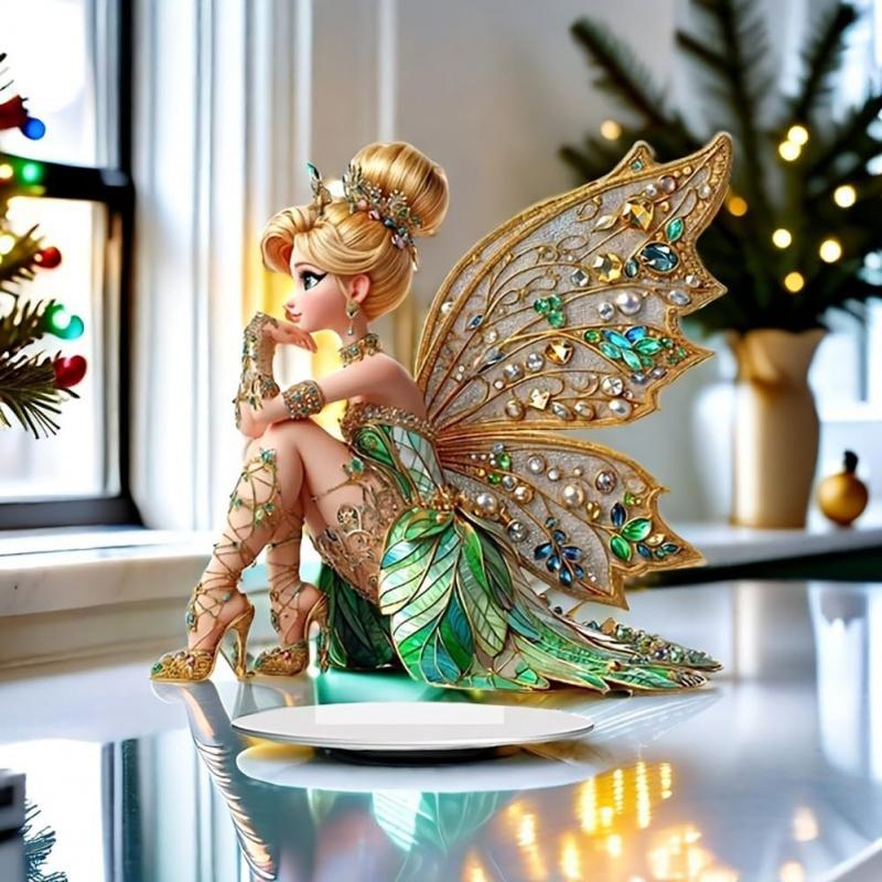 Acrylic Fairy Butterfly Statue with Diamond Ornaments 2D Mini Elf Garden Decoration Reslower Fairy for Bookshelf And Windowsill