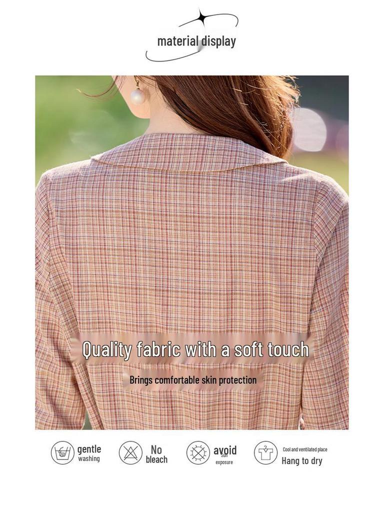 2025 Spring Women's Plaid Waist-Slimming Long Sleeve Dress with Turn-Down Collar