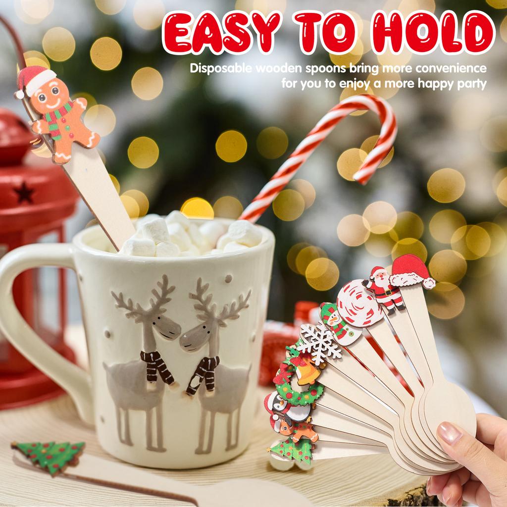 50 Pcs Christmas Wooden Spoons Set Hot Cocoa Stirring Spoons Snowflake Gingerbread Man Snowman Candy Cane Spoon For Winter Tasti