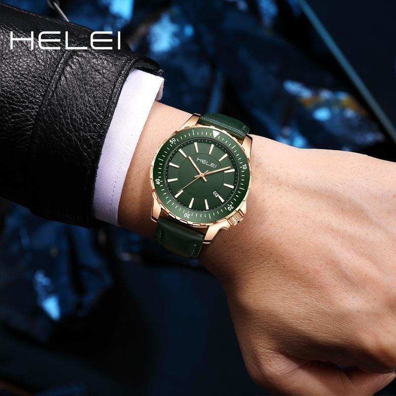 HELEI Mode Sport Quarz Uhr Datum Magnetisches Silikon Leuchtarmband Herren Leder Armbanduhr