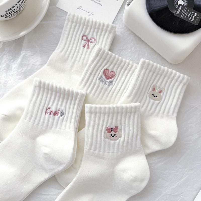 10-1 párů dámských ponožek ve tvaru srdce s mašlí, s módním a minimalistickým designem pro jaro a podzim! Roztomilý vzor bílé ponožky