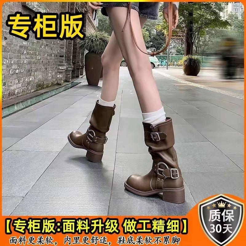 Western Cowboy Belt Buckle Pile Boots Medium Boots Tall Knight Boots Thick Heel Square Head Martin Boots