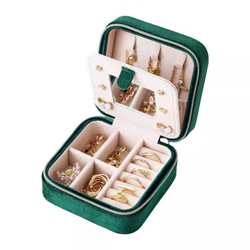 European Style Two-Layer Velvet Jewelry Box with Mirror for Earrings, Rings, and Necklaces