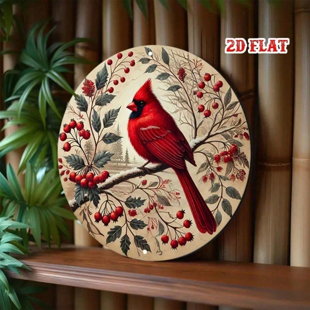 Vintage Winter Metal Tin Sign 7.8x7.8 Inch Rustic Wall Decor Cardinal Birds Snowy Branches German Quote