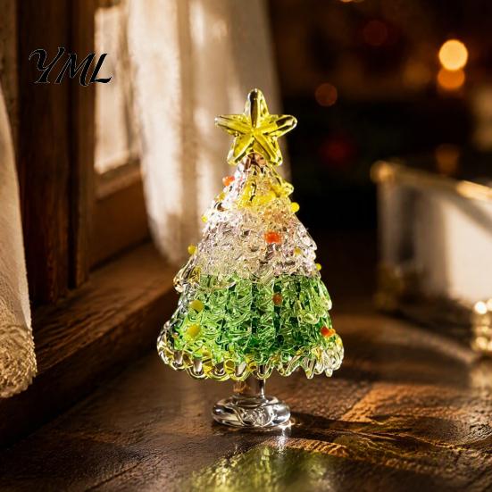 Decorative Christmas Collectibles Hand Blown Glass Tree Figurine, Mini Tabletop Seasonal Window Display Decor Xmas Ornament, Handmade Desktop Holiday