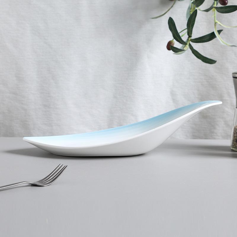 Leaf Shaped Ceramic Plate Simple Underglaze Color Strip Special Plate Hotel Home Snack Plate Gourmet Creative Dish Tableware