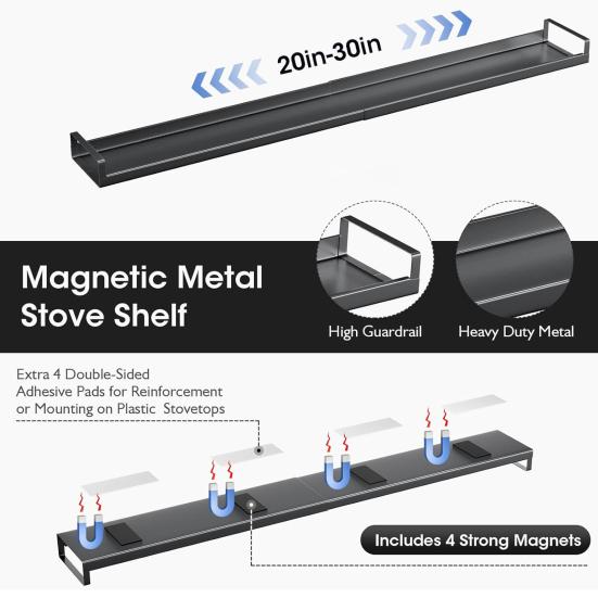 Extendable Spice Rack for Stove Magnetic Carbon Steel Spice Organizer Adjustable Length Tool-Free Installation Stove Top Shelf for Kitchen Countertop