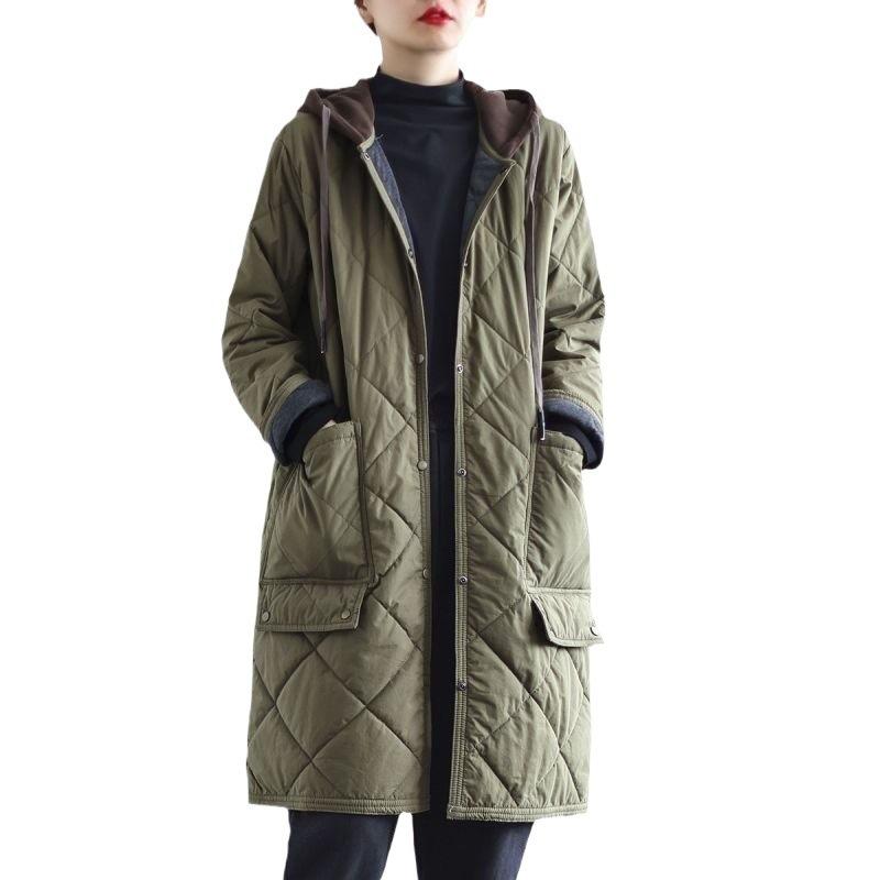 Medium and long padded thickened cotton clothes, literary large size rhombus hooded winter new cotton-padded jackets, women's loose leisure