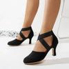 Retro Elastic Strap Mary Jane Shoes Women's round Toe Large Size Ankle Strap Heels Rubber Sole Comfortable Cross-Border Footwear