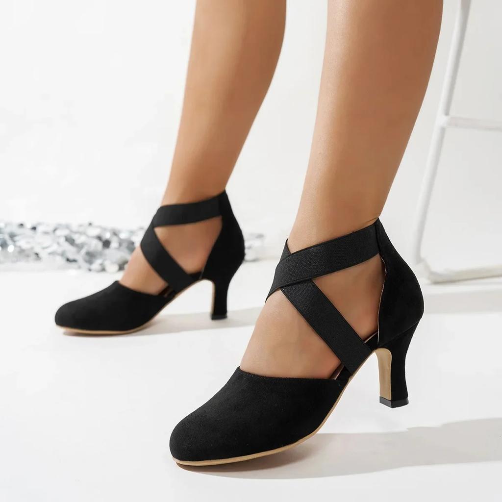 Retro Elastic Strap Mary Jane Shoes Women's round Toe Large Size Ankle Strap Heels Rubber Sole Comfortable Cross-Border Footwear