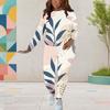 Women Plus Size Navy Blue Gold White Abstract Printed Round Neck Long Sleeve Top Fitted Pants Two Piece Set