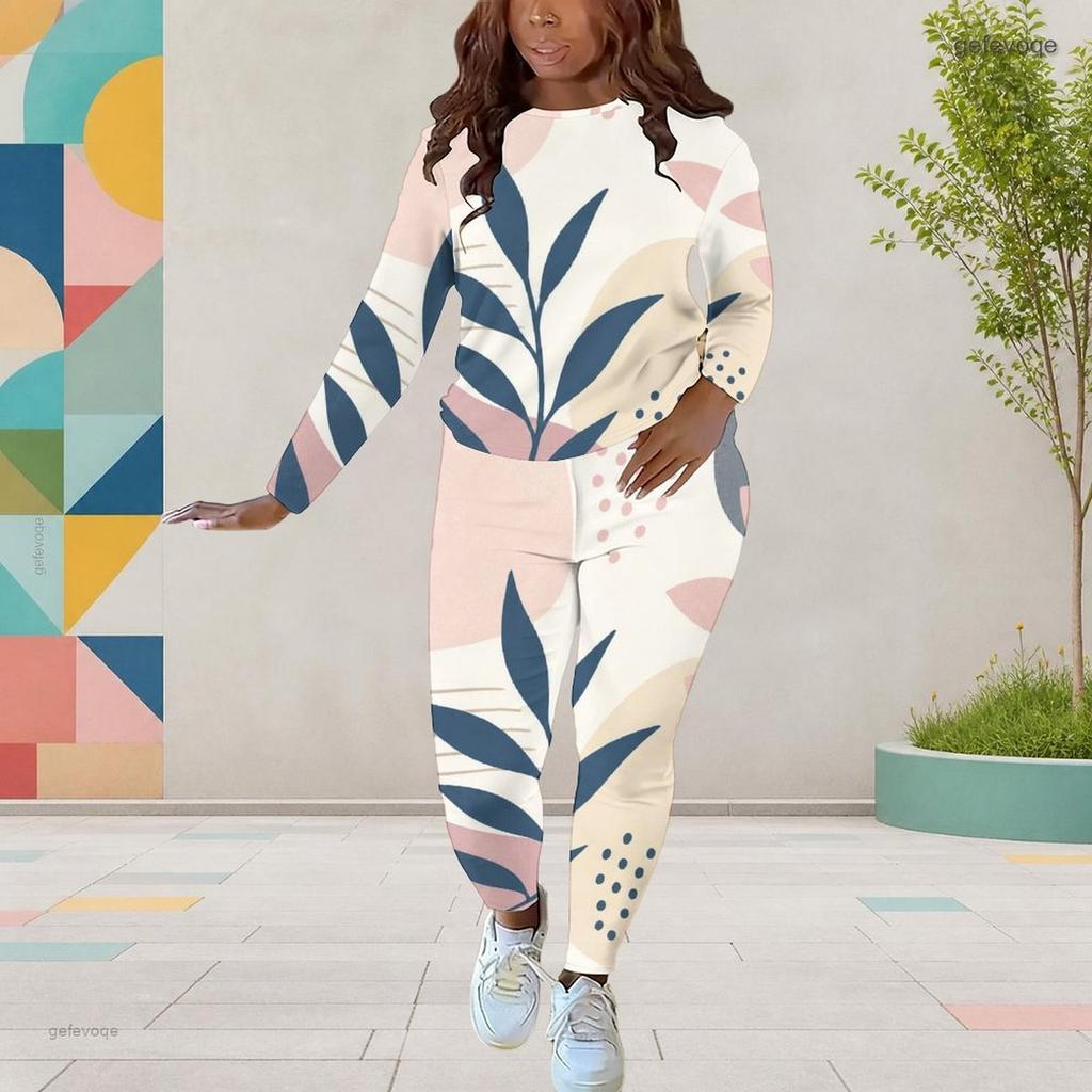 Women Plus Size Navy Blue Gold White Abstract Printed Round Neck Long Sleeve Top Fitted Pants Two Piece Set