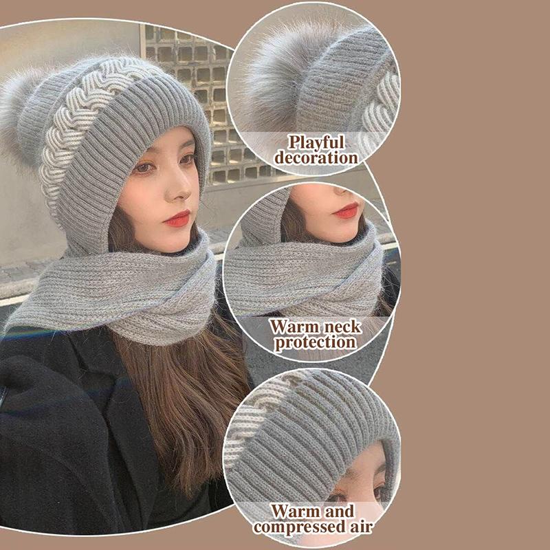 Women'S Korean Hooded Scarf Winter Hats Woman Cold Protection Warm Scarf Hat Cute Fur Ball Ear Protection Thickened Knitted Hat