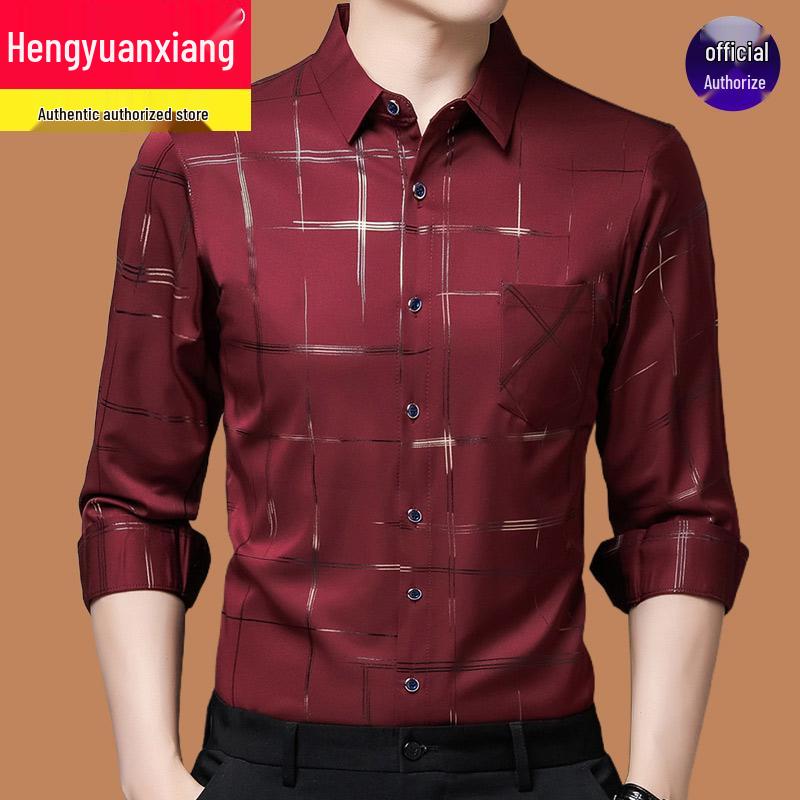 Hengyuanxiang Men's Autumn Plaid Long Sleeve Iron-Free Casual Shirt