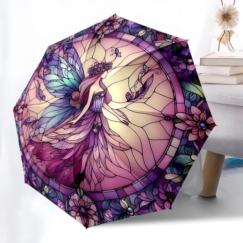 

1pc Stained Glass Fairy Design Automatic Opening Folding Umbrella with 8-Rib Iron Frame - Portable Outdoor for Fans, Travelers, Daily Use, Festive Gif