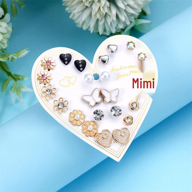 European & American Gold Fashion 12-Pair Rhinestone Stud Earring Set: Hearts, Feathers, Figure 8, Stars