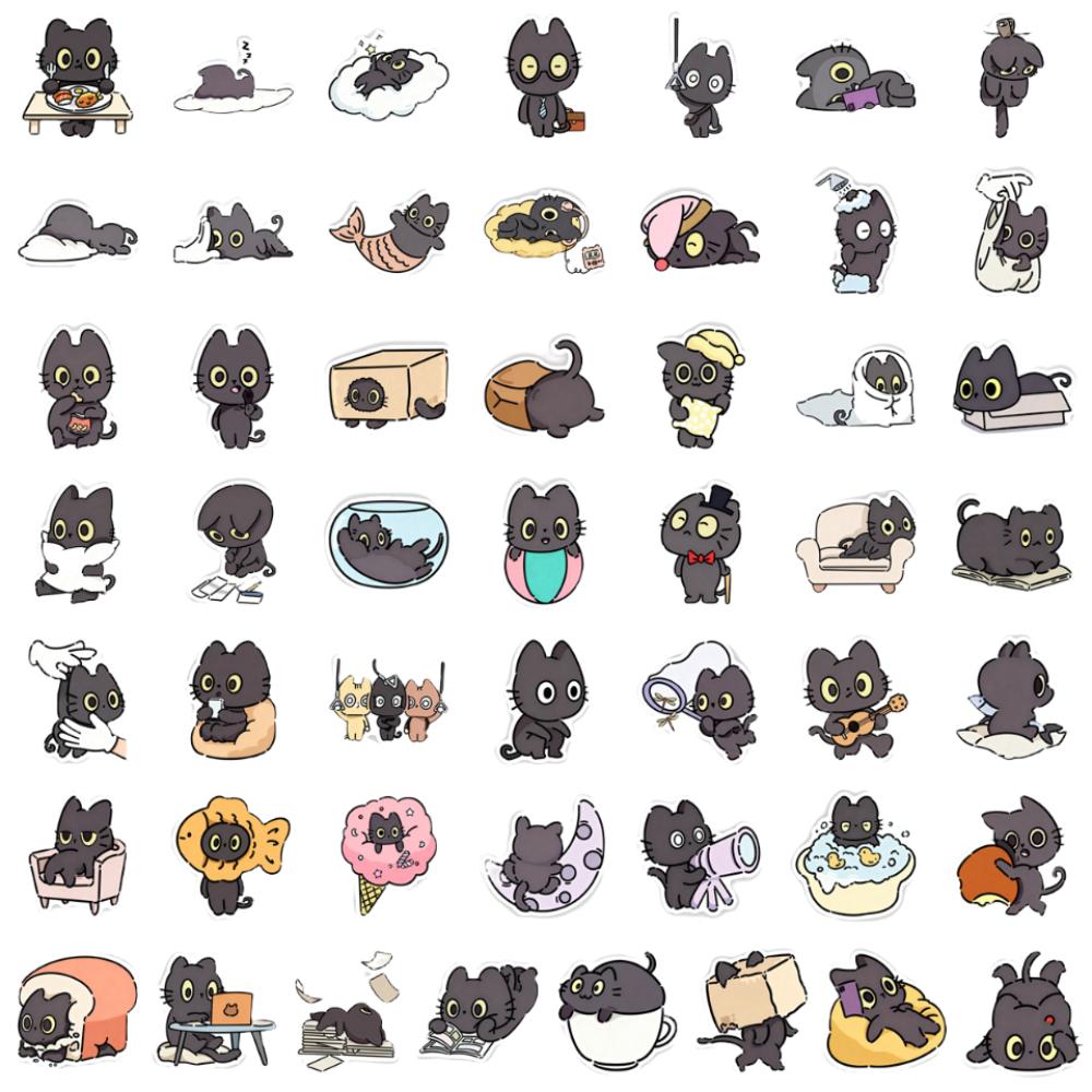 50Pcs Self-adhesive Kawaii Black Cat Sticker Waterproof Funny Meme Sticker  Skateboard 50Pcs