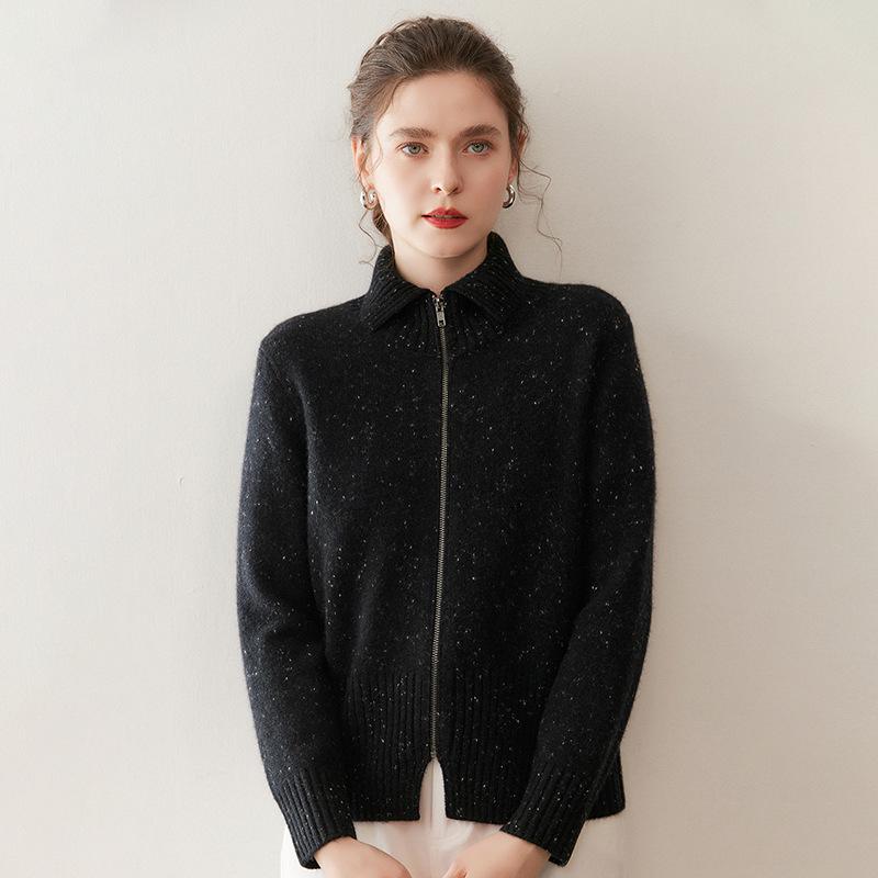 Women's Heavyweight Cashmere Dotted Knit Cardigan - High Neck, Long Sleeve, Zipper, Warm, Loose, Comfortable