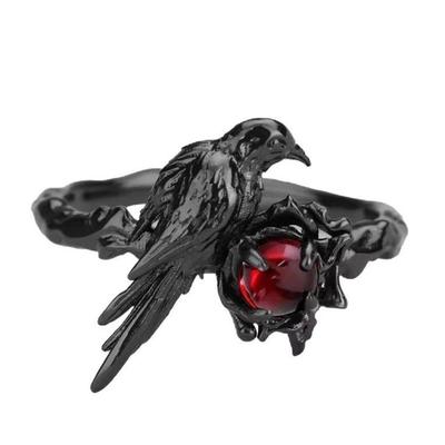 Gothic Metal Ring with Intricate Crow Design and Red Gemstone