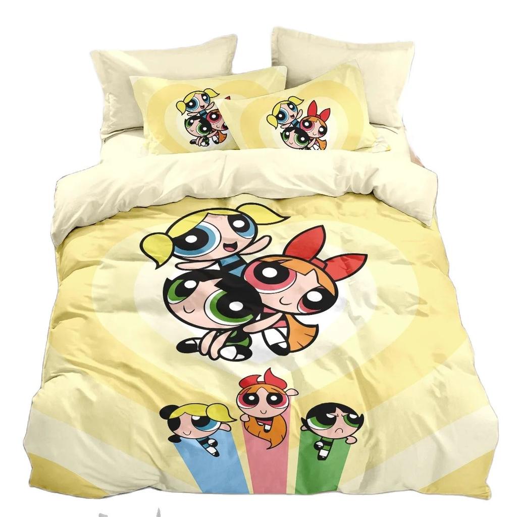 P-Powerpuff Girls Bedding Set,Cartoon Fashion 3D Printing Powerpuff Girls Duvet Cover,Home Decoration Boy Girl King Size Quilt