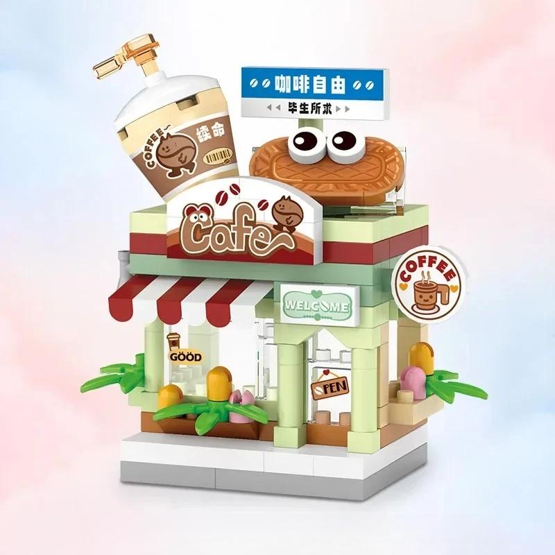 DIY Cute Restaurant Dessert Pet Fruit Store Street View Food House Building Blocks Kit Bricks Model For Kids Toy Girl Boy Gifts