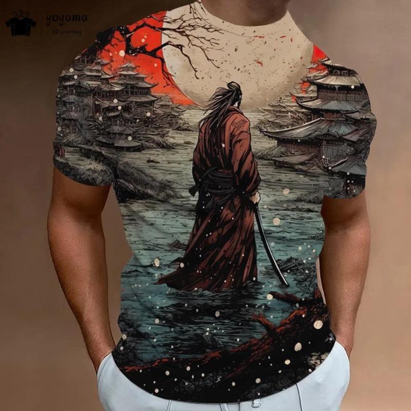 Vintage 3D Samurai Pattern T-Shirt Men Summer Outdoor Men Top Fashion Breathable Men Short Sleeve Tee Round Neck Men's Clothing