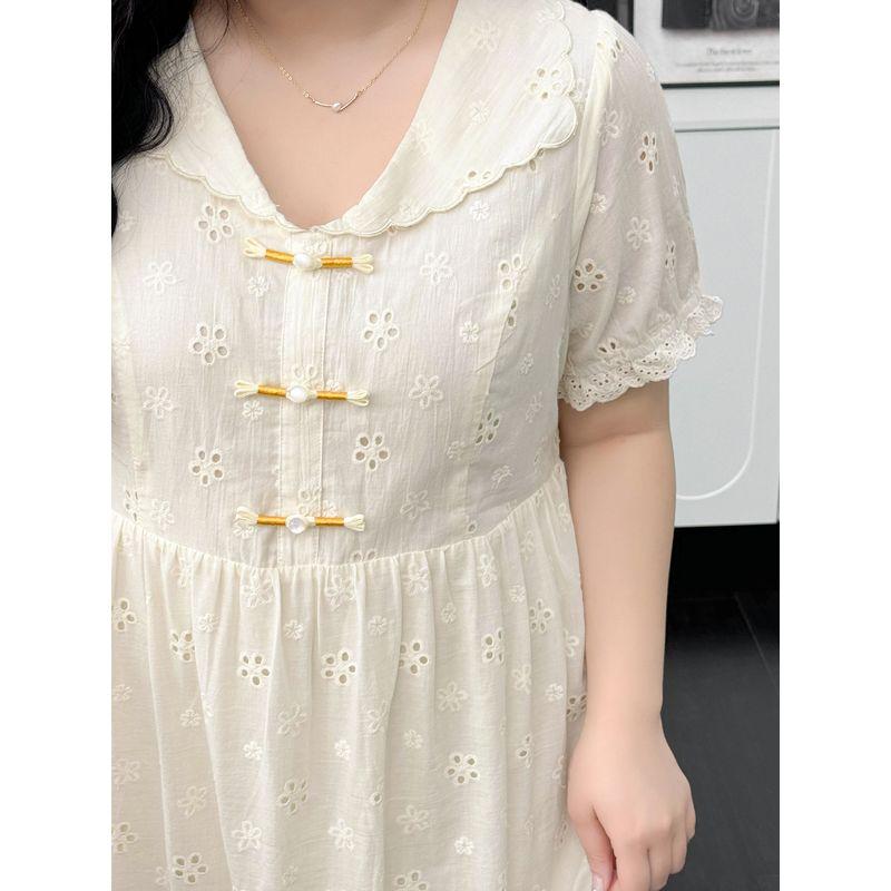 Plus size women clothing [French style Beautiful Long dress] Doll Collar Hollow Embroidered 100.00kg Slimming Buckle Full Body Dress