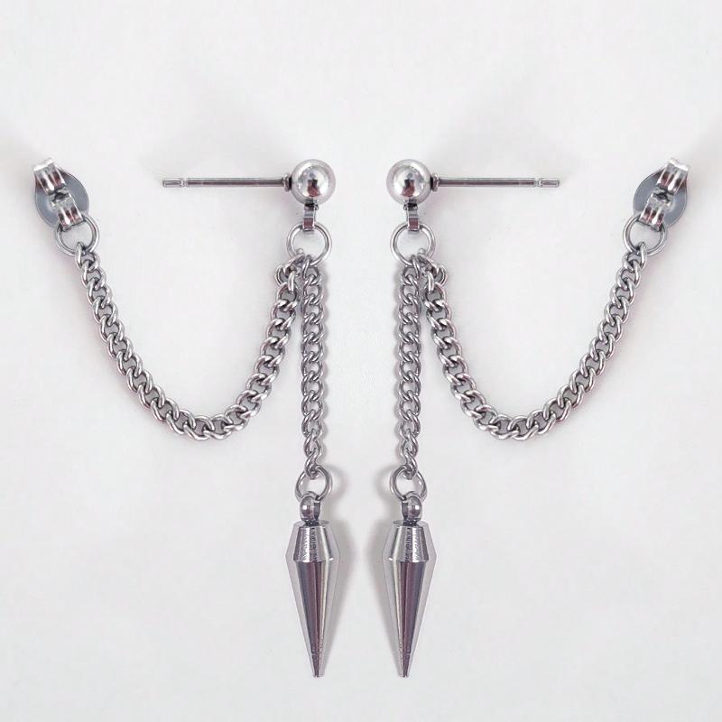 

1pair Stainless Steel Punk Style Cone Shape Front-Back Earrings for Men, Hypoallergenic серебряный