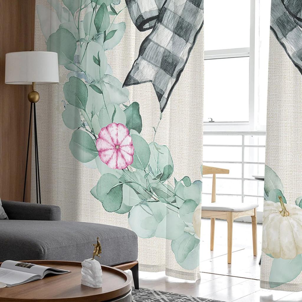 Höst Thanksgiving Eucalyptus Pumpa Sovrum Transparent skira Gardiner Semesterdekoration Fönster Voile Tyll Gardin