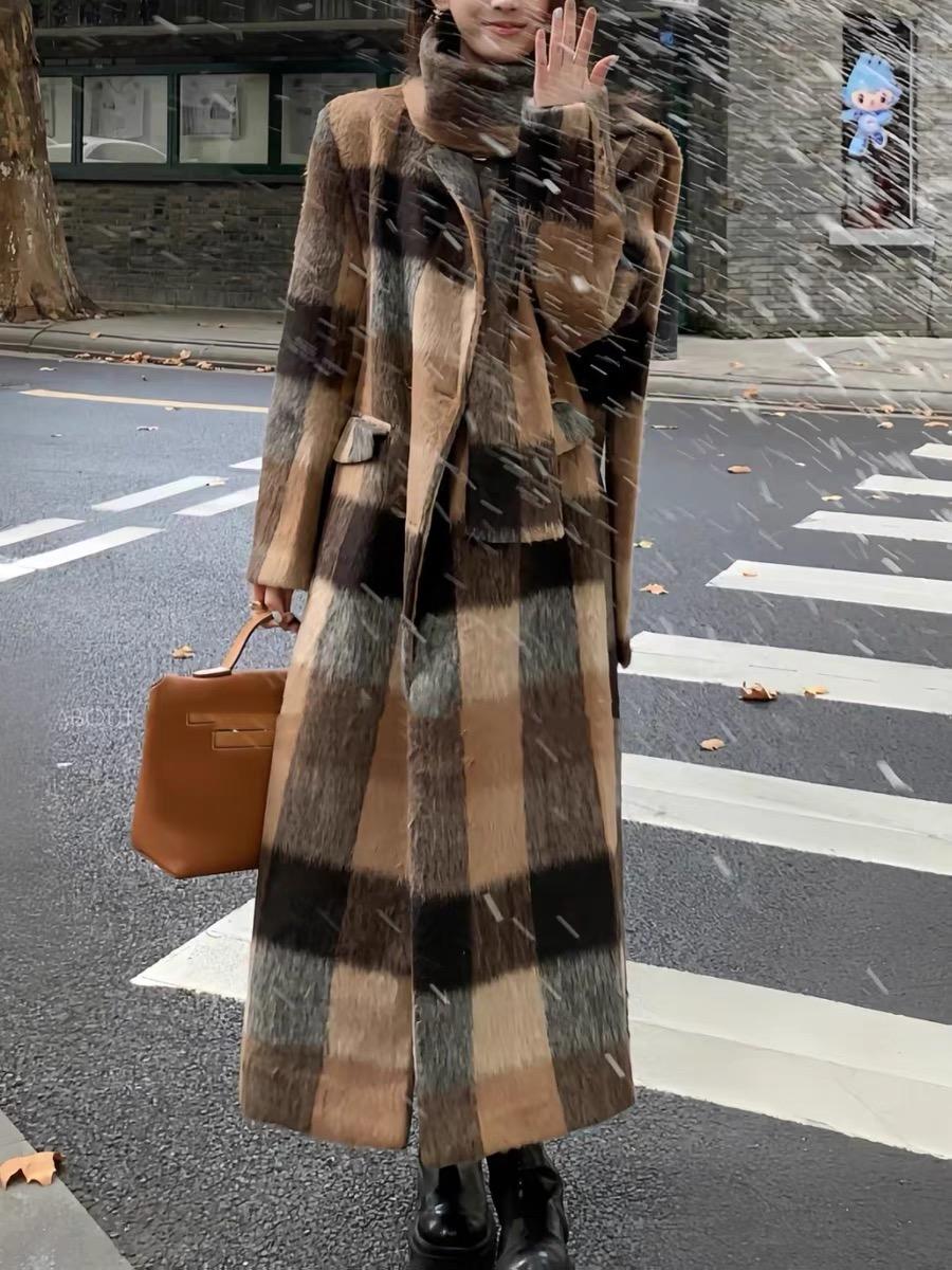 

Осеннее и зимнее шерстяное длинное пальто в французскую клетку