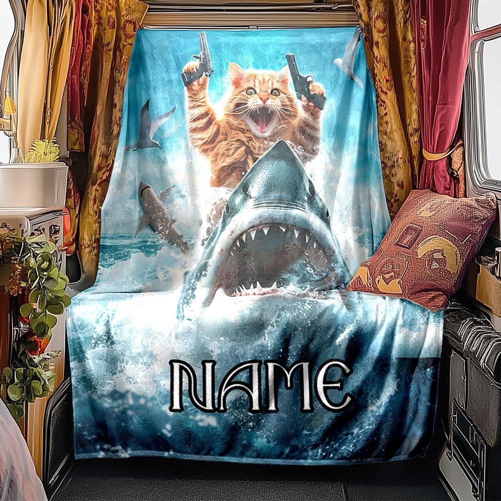 Feline Fury Cat Riding Shark With Guns Blanketcustomizable With Your Namecomfortable And Stylish Perfect For Travel Beds Chairs Offices Sofas