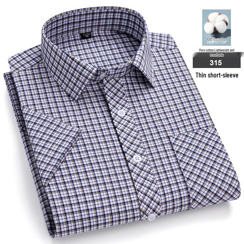 Men's Summer Plaid Cotton Short Sleeve Shirt - Breathable & Sweat-Absorbing