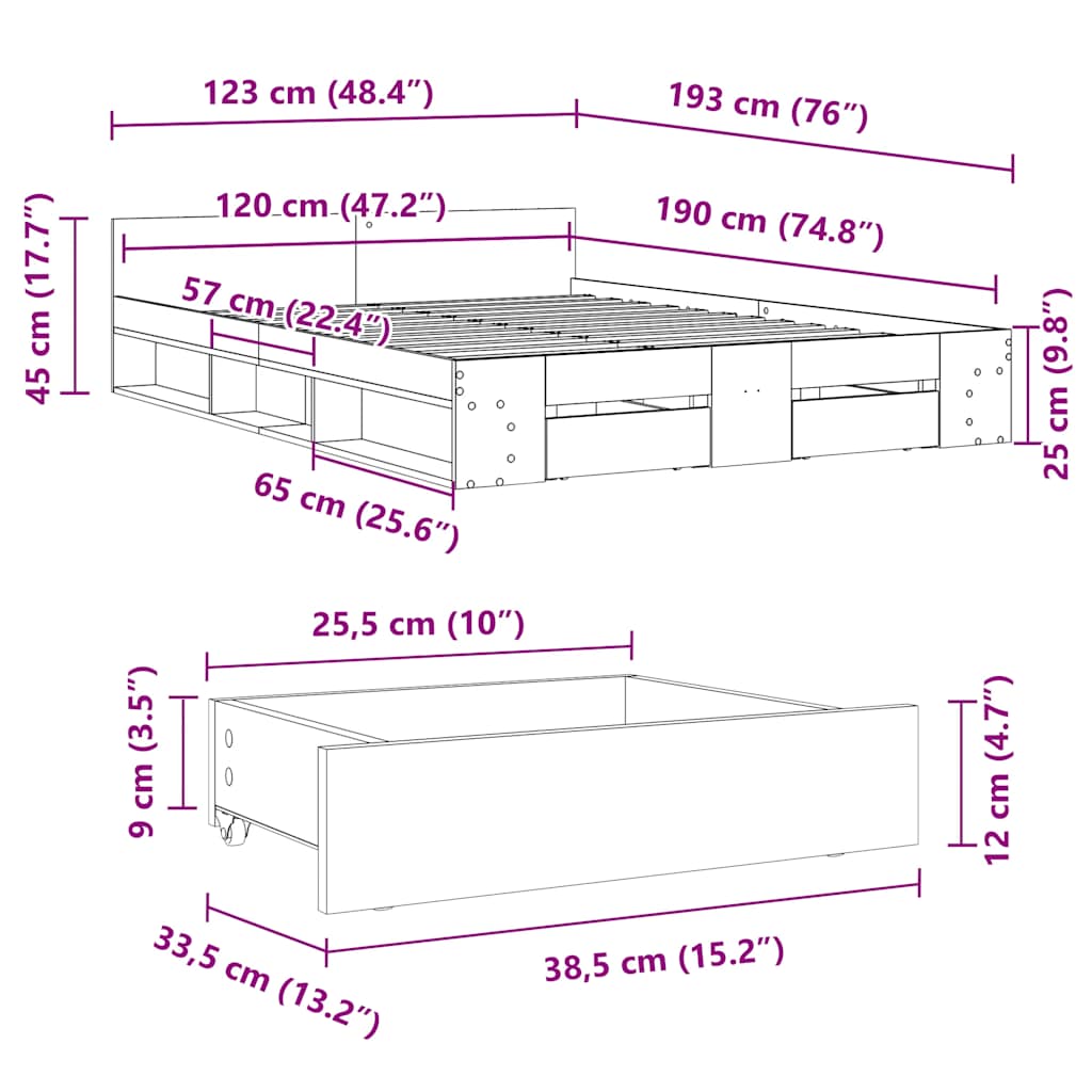 Bed Frame with Drawers Grey Sonoma 120 x 190 cm Particleboard
