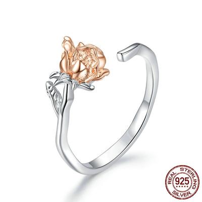 S925 Sterlingsilber Anmutiger Rosenblüten Offener Ring Damen Roségoldplattierter Blumen Mode Ring Armband
