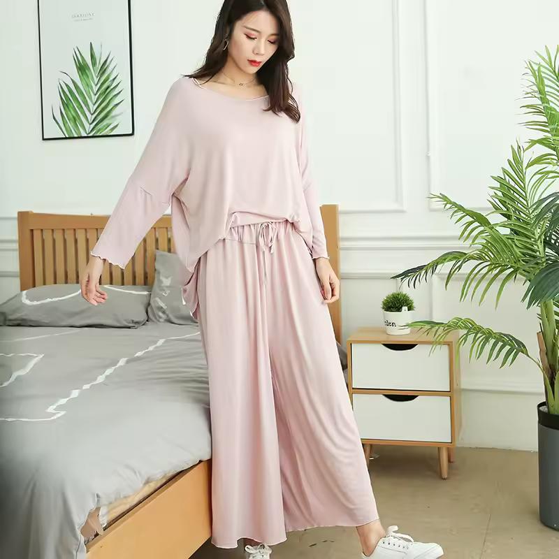 Large Size Home Suits Women Spring Autumn Loose Long-sleeved Pajamas Two-piece Set Nine-point Wide Leg Pants Pijama Sleepwear Femme