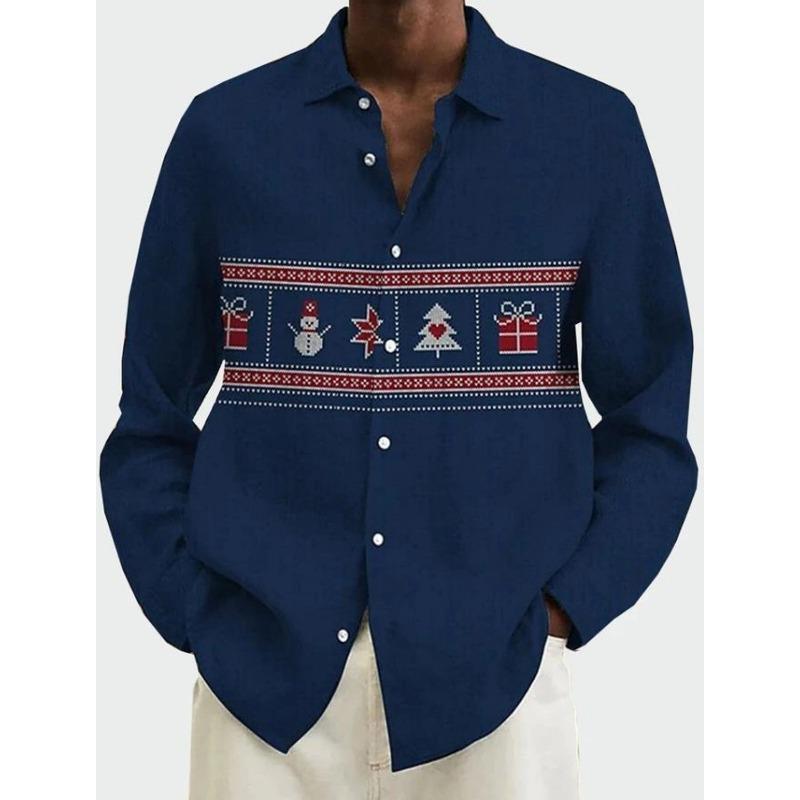 Man Christmas Scene Print Shirt Santa Claus Deer Lapel 3D Outdoor Long Sleeve Button-Up Print Fashion Designer Style