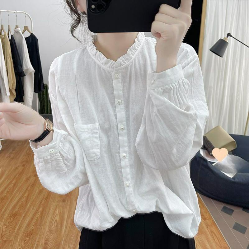 Cotton Long-sleeved Shirt Spring and Autumn Tops Retro Ruffled Collar Bottoming Shirt with Imitation Cotton and Linen Shirt Women