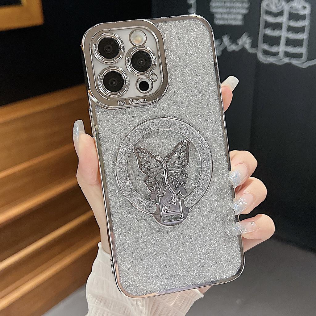 Suitable for Apple 16 Electroplated Eye Glitter Butterfly Stand Phone Case, Anti-drop IPhone15promax Protective Case