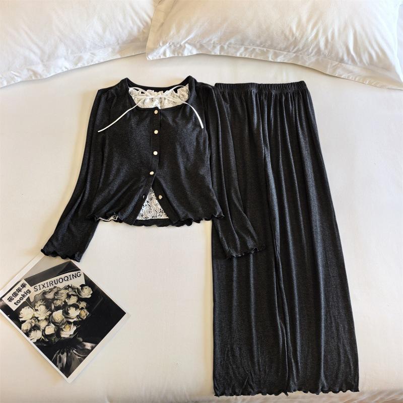 Chunqiu Damen Süßes Spitzen Modal Viskose Pyjama-Set mit Brustpolster - Langarm & Hose