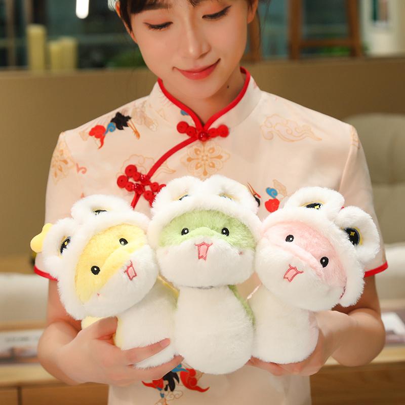 New Year Cartoon Lucky Snake Animals Plush Figure Dolls Soft Pillow Toys Wear Lion Clothes Funny Christmas New Year Gift