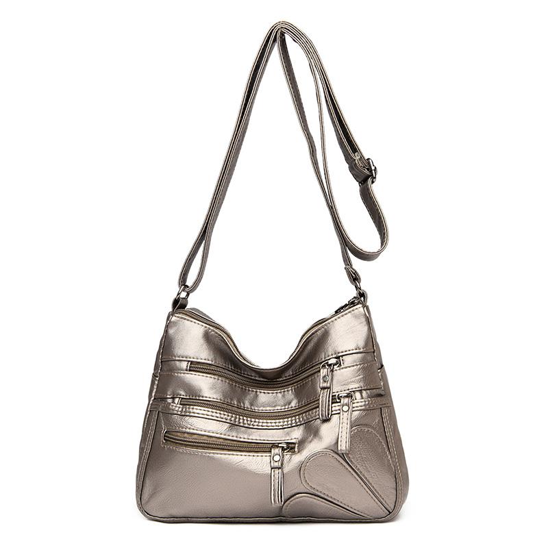 Borsa a tracolla multistrato in morbida pelle tinta unita da donna, grande capacità, borsa da viaggio multifunzionale sottobraccio